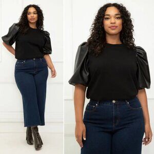 ELOQUII Elements Leather Sleeve Sweatshirt Puff Sleeve Blouse Black Size 22/24